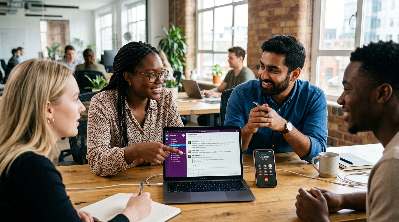 Small business team reviewing AI-assisted workflow alongside an incoming customer call Small business team reviewing AI-assisted workflow alongside an incoming customer call